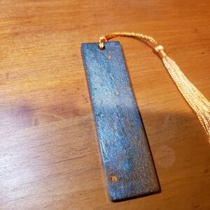 Green, Silver & Orange Epoxy Resin Bookmark • Handmade • Tassel